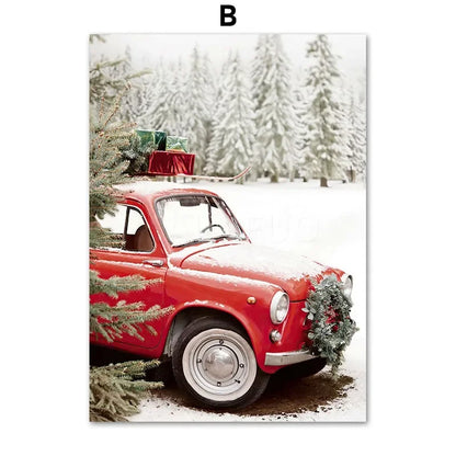 Kerst schilderij rode amaryllis met kerstboom en notenkraker – sfeervolle wanddecoratie