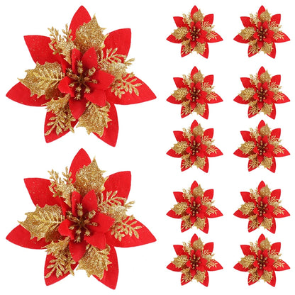 Kerst ornament voor in Kerstboom glitterbloemen goud 14,5 cm set van 5 stuks