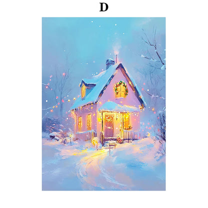 Kerst schilderij sfeervol nachtelijk sneeuwhuis met kerstboom op canvas