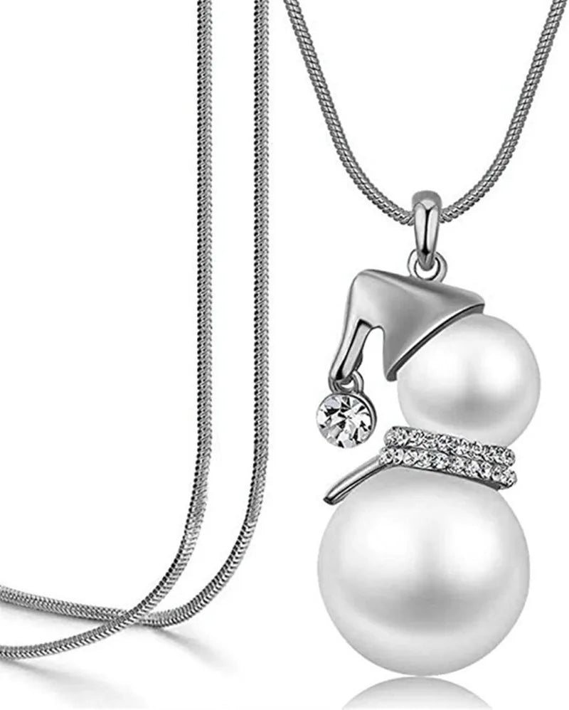 Kerst ketting sneeuwpop met parel en kristal – feestelijke lange ketting voor dames