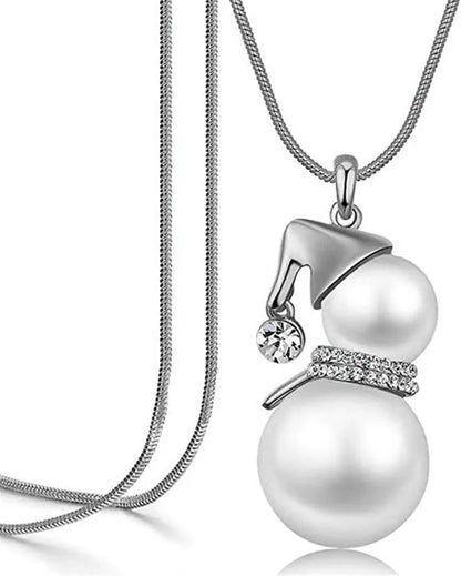 Kerst ketting sneeuwpop met parel en kristal – feestelijke lange ketting voor dames