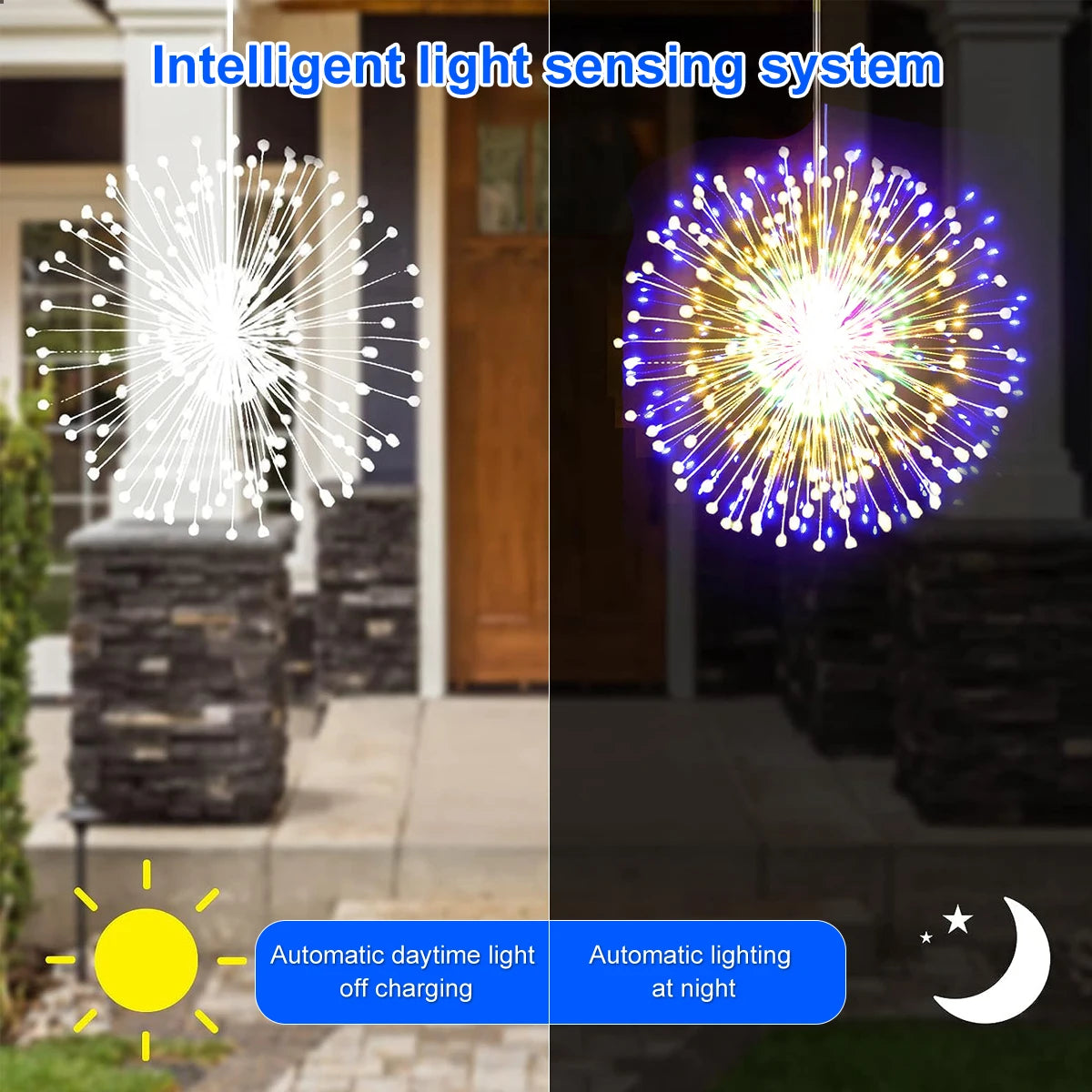 Solar Kerst verlichting vuurwerk buiten – 200 LED koperdraad lichtsnoer met 8 standen