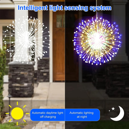 Solar Kerst verlichting vuurwerk buiten – 200 LED koperdraad lichtsnoer met 8 standen