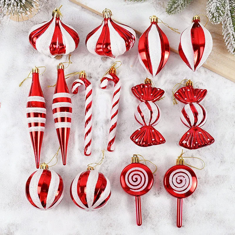Kerstboom ornamenten rode kerstballen en zuurstok hangers set 14 stuks