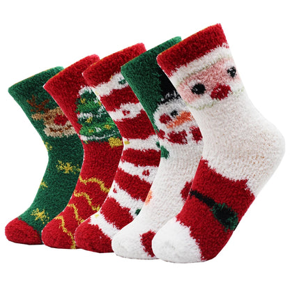 Kerstsokken warme zachte fleece met rendier en sneeuwvlok design – 5 paar
