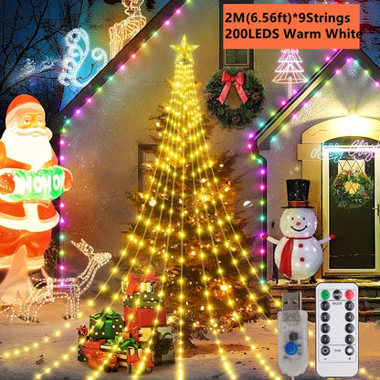 Led Kerstboom Ster Waterval Licht met Afstandsbediening en 8 Verlichtingsstanden