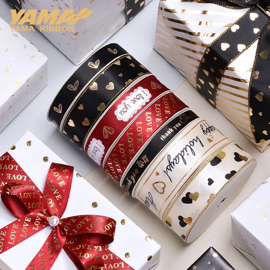 Kerst cadeau lint goud hartjes print – 10 yards luxe feestelijk lint