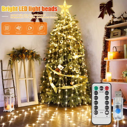 Led Kerstboom Ster Waterval Licht met Afstandsbediening en 8 Verlichtingsstanden