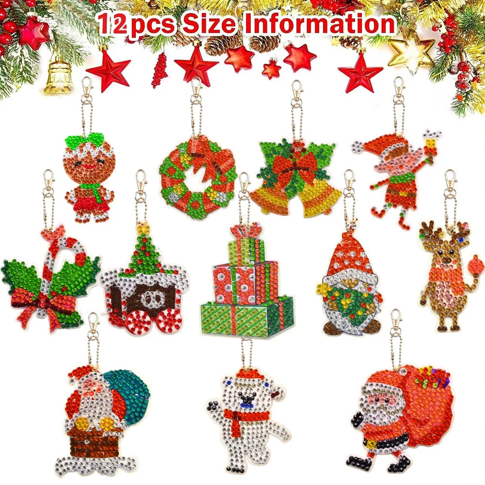 Diamond Painting Kerst Sleutelhangers – 12-delige Dubbelzijdige Set