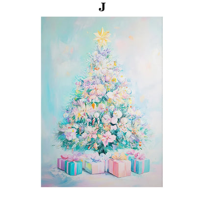 Kerst schilderij roze strik cadeau kerstboom sneeuwhuis slee poster