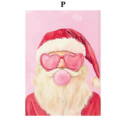 Kerst schilderij rendier en kerstman roze kerstkrans wanddecoratie