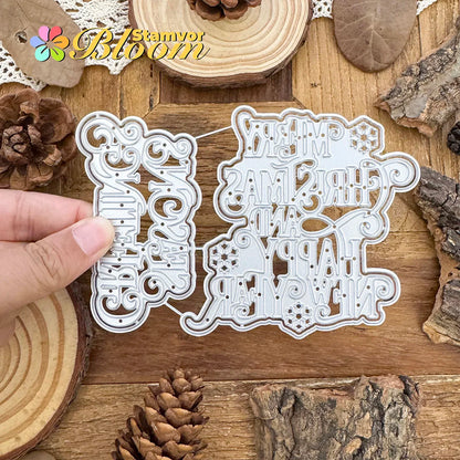 Snijmal Kerstlagen SEASONS GREETINGS en MERRY CHRISTMAS voor kaarten