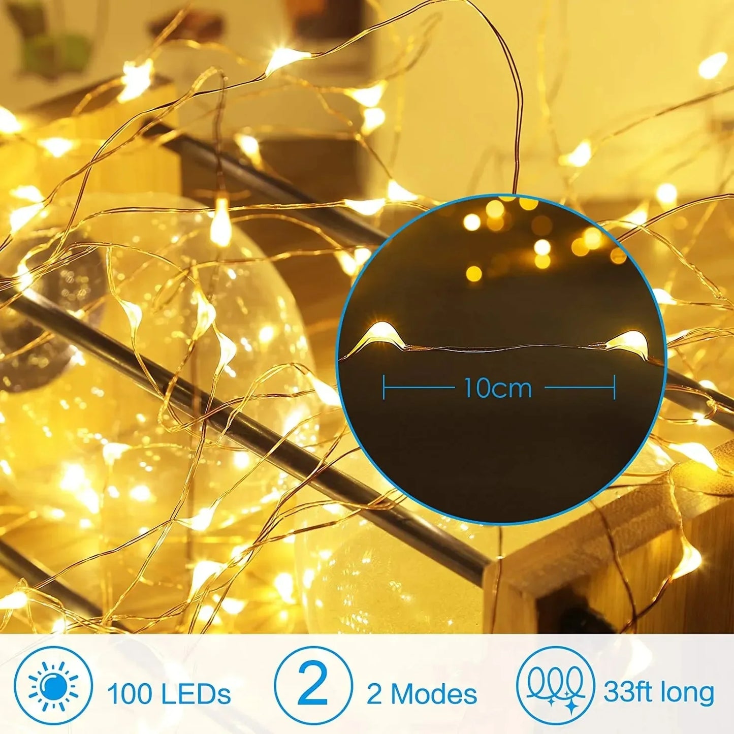 Kerst Lichtsnoer 1 Stuk – LED Koperdraad Lichtjes met Batterijdoos – Warm Wit – Sfeervolle Decoratie