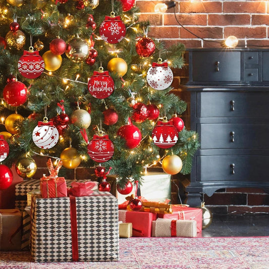Kerstballen set hout – 12 stuks platte hangers voor kerstboomdecoratie