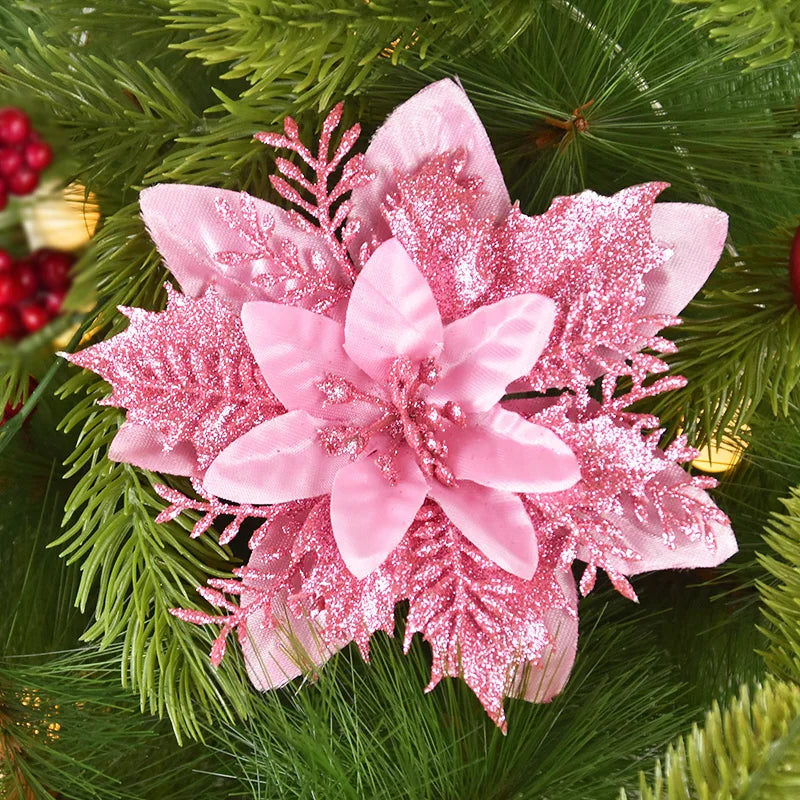 Kerstboom ornamenten glitter bloemen 14cm kerstdecoratie set