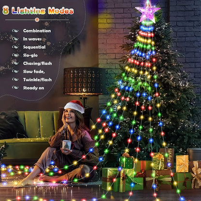 Led Kerstboom Waterval Slingerlicht met Ster Top – 8 Lichtstanden voor Binnen & Buiten