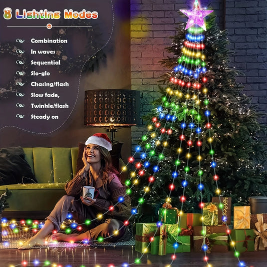 Led Kerstboom Waterval Slingerlicht met Ster Top – 8 Lichtstanden voor Binnen & Buiten