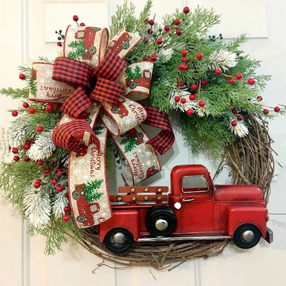 Kerst krans vintage rode truck met dennenappels en wintergroene accenten