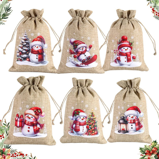 Kerst cadeauverpakking linnen trekkoord zakjes set van 6 stuks