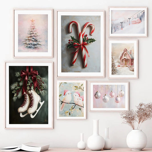 Kerst schilderij roze strik cadeau kerstboom sneeuwhuis slee poster