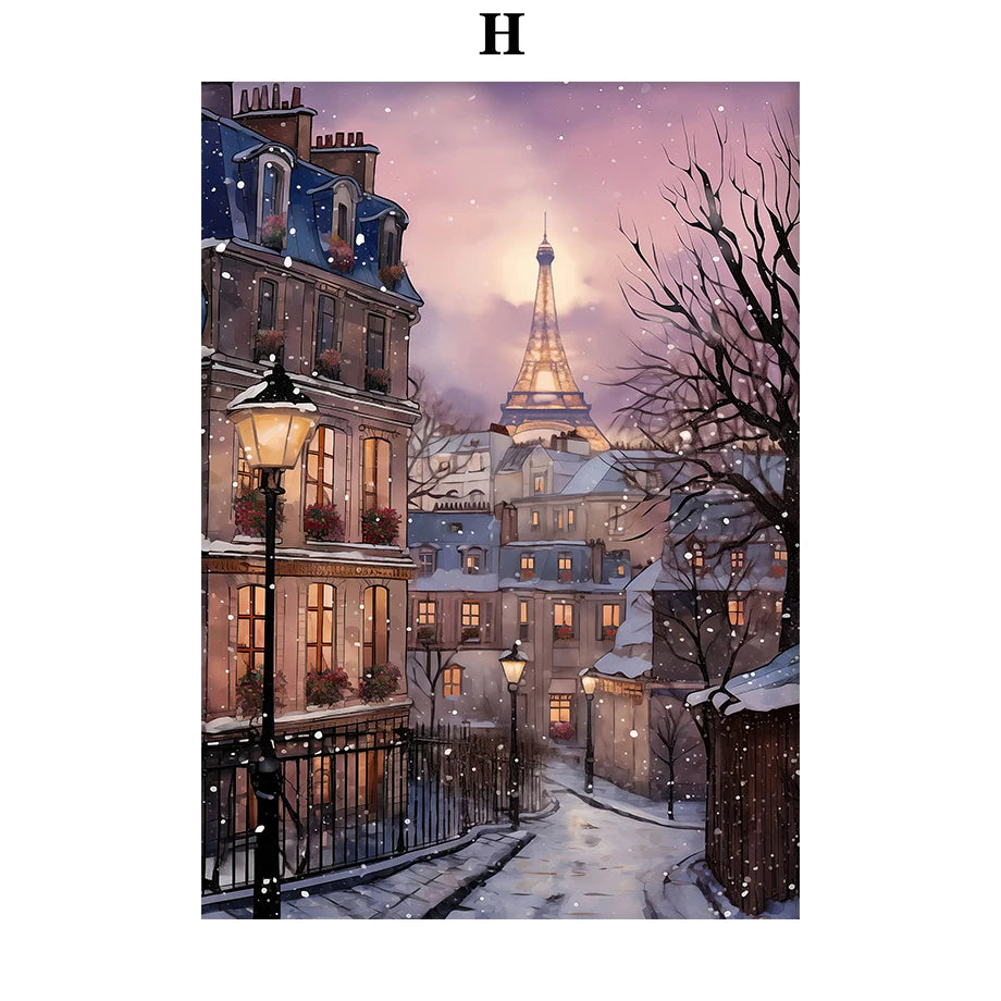 Kerst schilderij romantische winteravond in Parijs met sneeuw en kerstboom