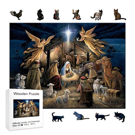 Houten figuren puzzel - Kerststal met unieke vormen