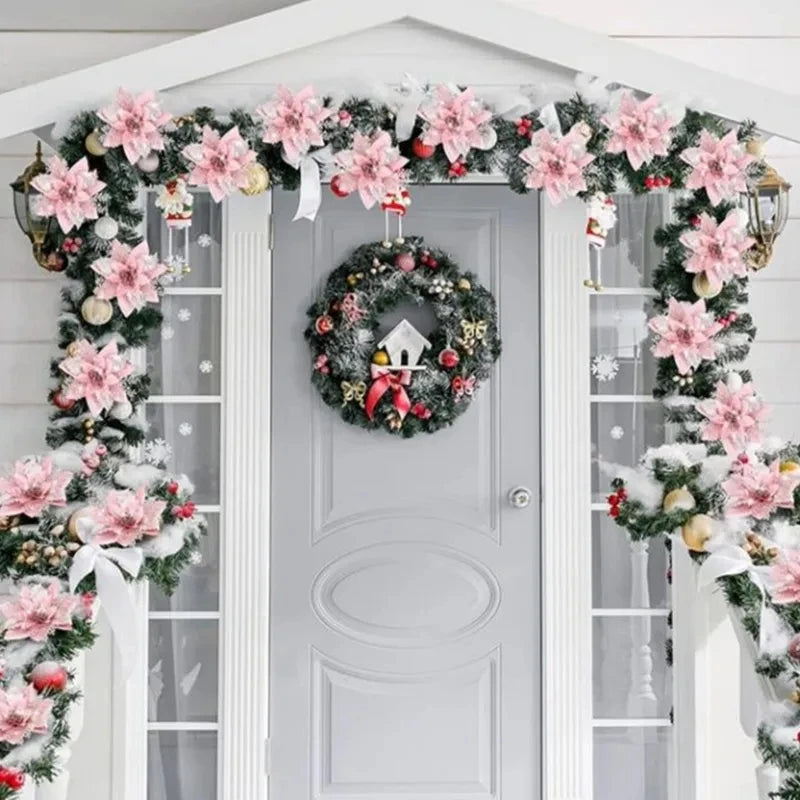 Kerstboom ornament glitter bloemen set 14cm kerstdecoratie