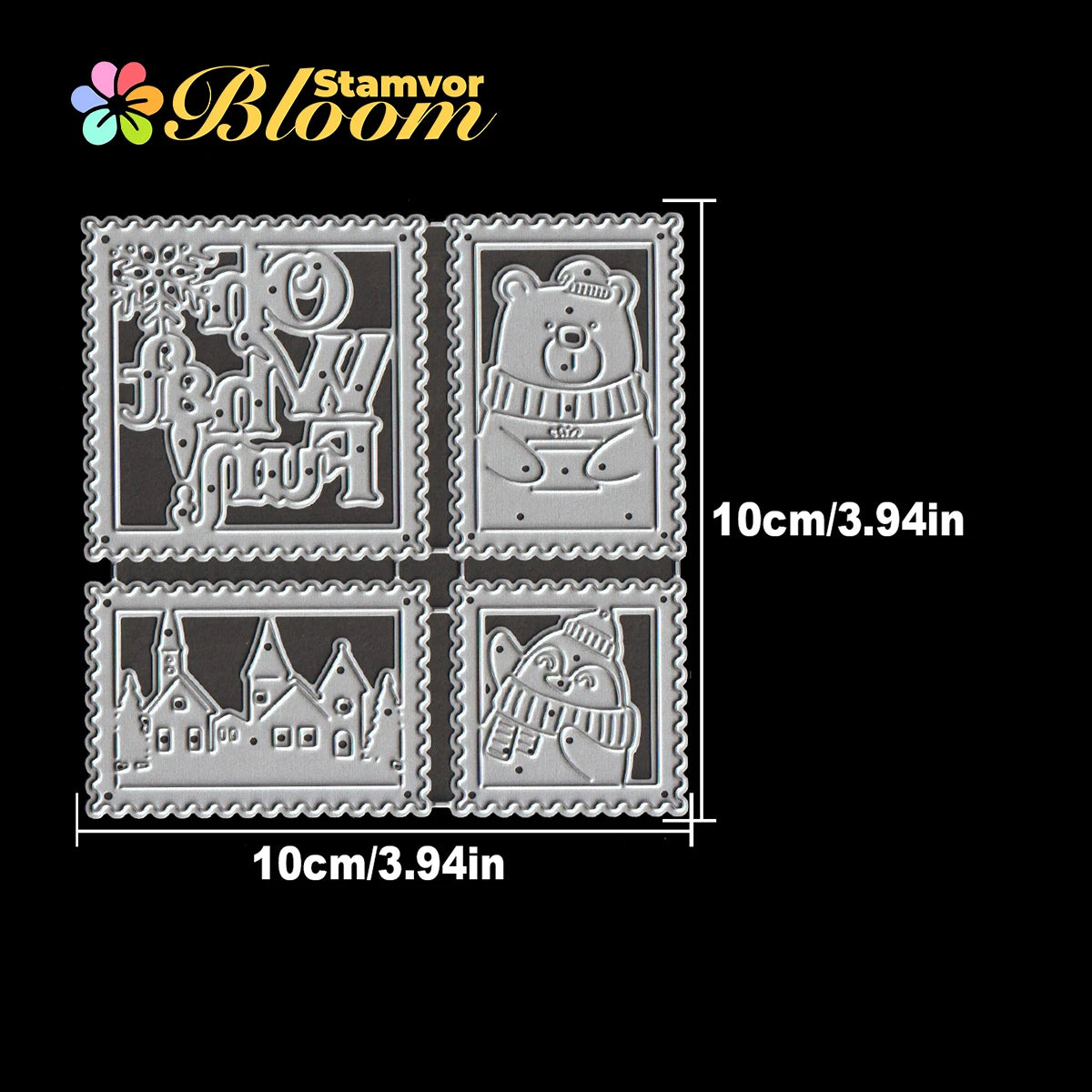 Snijmal kerstbeer en pinguïn dorp met postzegel en frame motieven