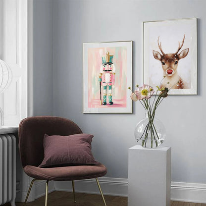 Kerst schilderij rendier en kerstman roze kerstkrans wanddecoratie