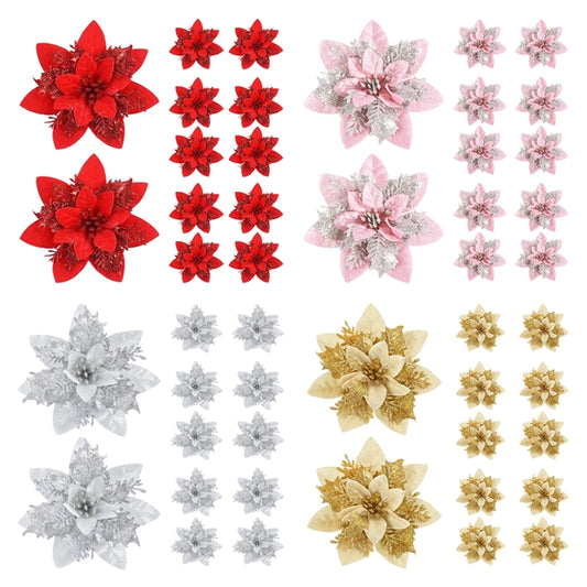Kerstboom ornament glitter bloemen set 14cm kerstdecoratie